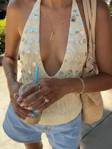 Elegant Chic Casual Halter Knit Tank Top, Backless Fitted Short Sleeve Shirt, Sequin Shell Design, Perfect for Daily Vacation Beachwear