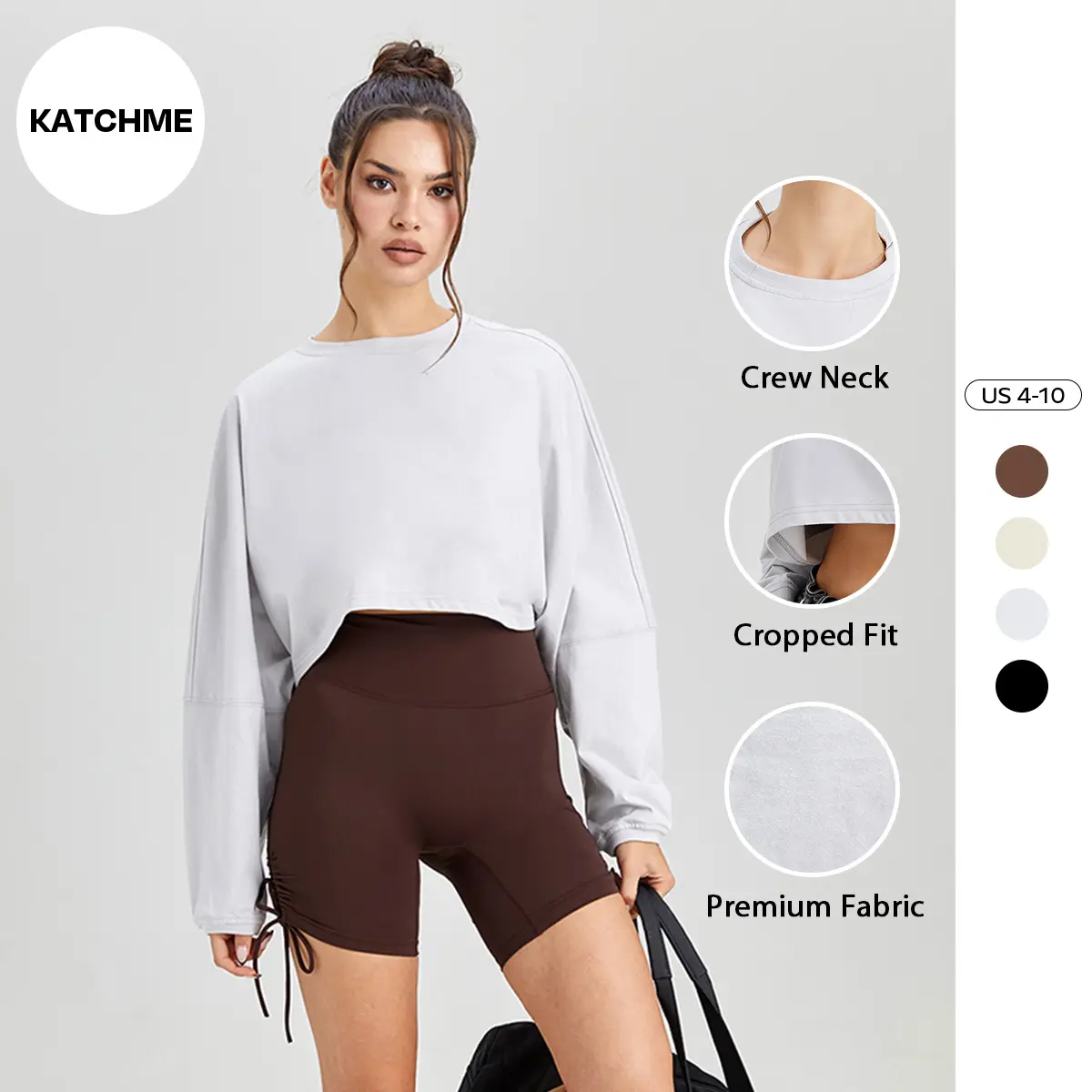 KatchMe Women's Casual Solid Color Round Neck Long Sleeve Crop Top, Vintage Crew Neck Loose Sweatshirt for Spring & Fall, Batwing Sleeve Street Womenswear