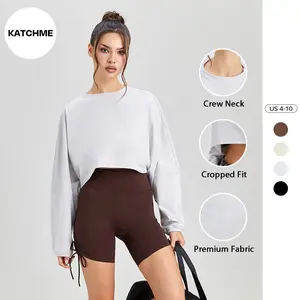 KatchMe Women's Casual Solid Color Round Neck Long Sleeve Crop Top, Vintage Crew Neck Loose Sweatshirt for Spring & Fall, Batwing Sleeve Street Womenswear