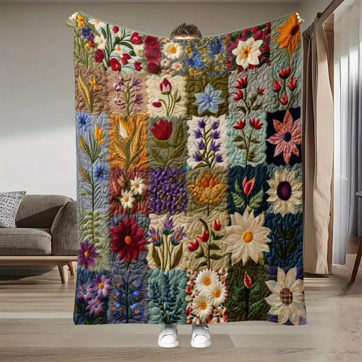 Vintage Botanical Garden Quilted Throw Blanket | Cottagecore Aesthetic Floral Bedding for Home Decor - Cozy Nature-Inspired Fleece Blanket