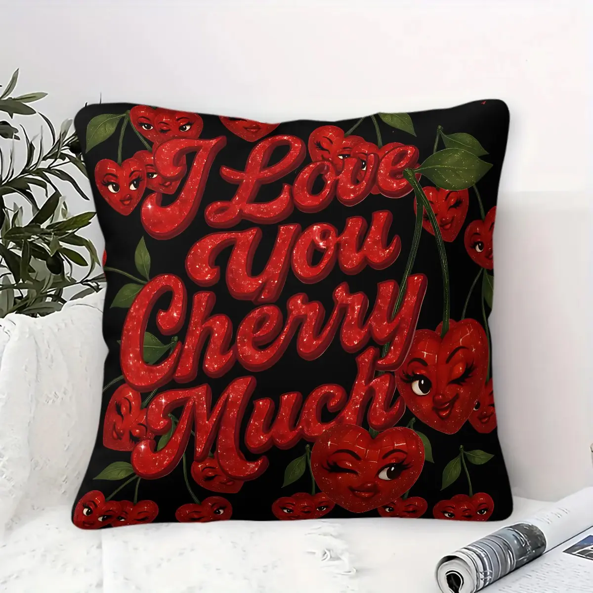 Playful Personification Cherry Pattern Printed Throw Pillow, Retro Y2K Spicy Girl Themed Square Cushion, Suitable for Decorating Living Rooms, Bedrooms, Sofas, Chairs, Beds, Cars, and Also Suitable for Travel Carrying. Contains Pillow Core.