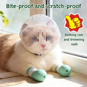 1 set of cat grooming supplies: adjustable transparent cat helmet & cat paw protectors, breathable, bite-proof and scratch-proof, suitable for cats during bathing and nail trimming, lightweight design, comfortable fit, pet-safe materials.