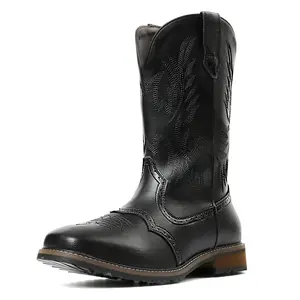 Men's Cowboy Boots Chunky Heel Western Boots Square Toe Embroidered Boots Pull On Distressed Work Boots