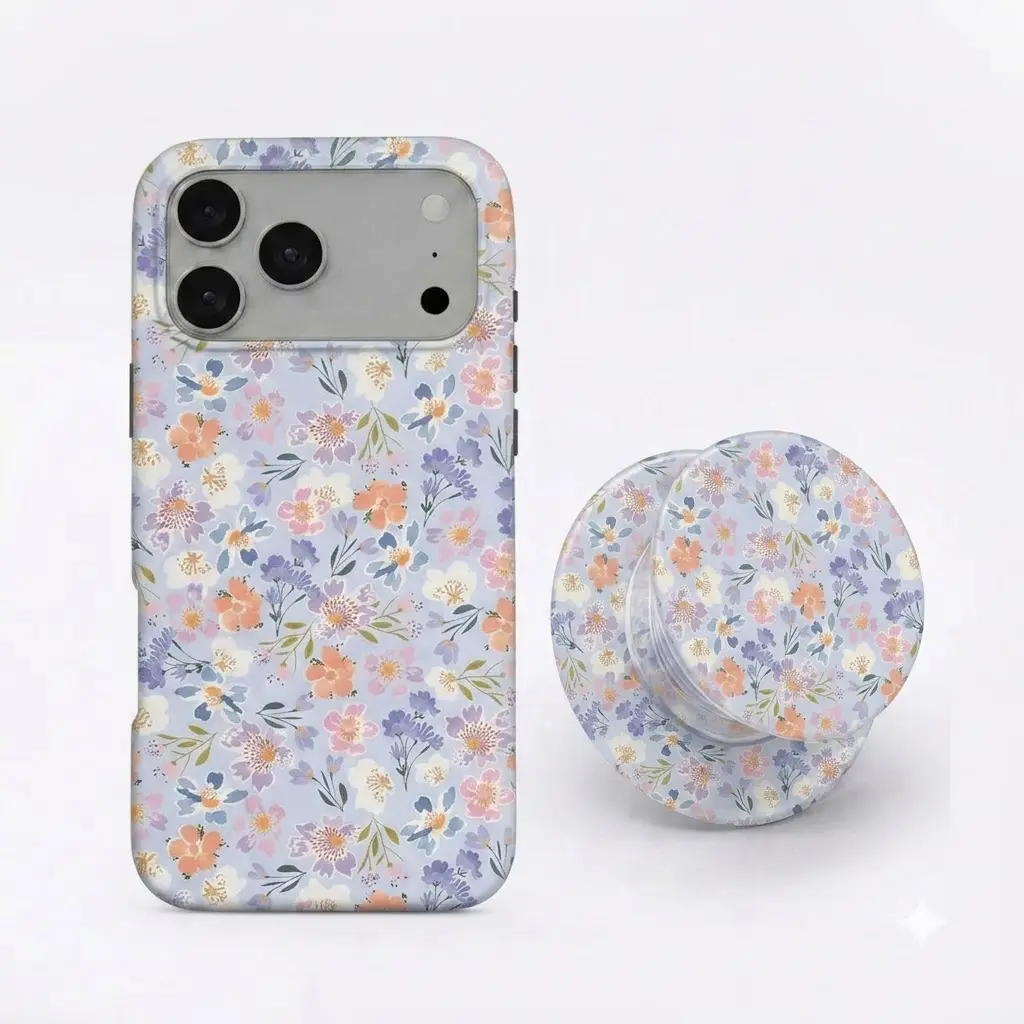 Poppy Meadows MagSafe Glossory Double Layer Tough Phone Case & Matching Phone Grip - Pastel Wildflower Floral Pattern Shockproof Protective Cover for iPhone 11 12 13 14 15 16 17 Plus Pro Max