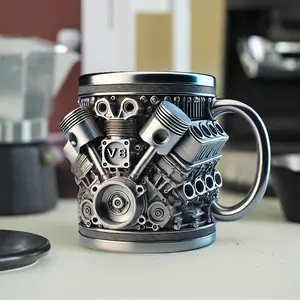 V6/V8 Engine Stainless Steel Cup 16.91oz Durable 3D Retro Personalized Mug for Car Lovers Mechanics Coffee Tea Tumbler Gift for Men Birthday Christmas Present Living Room Decoration as a Work of Art-Drinkware Decoration