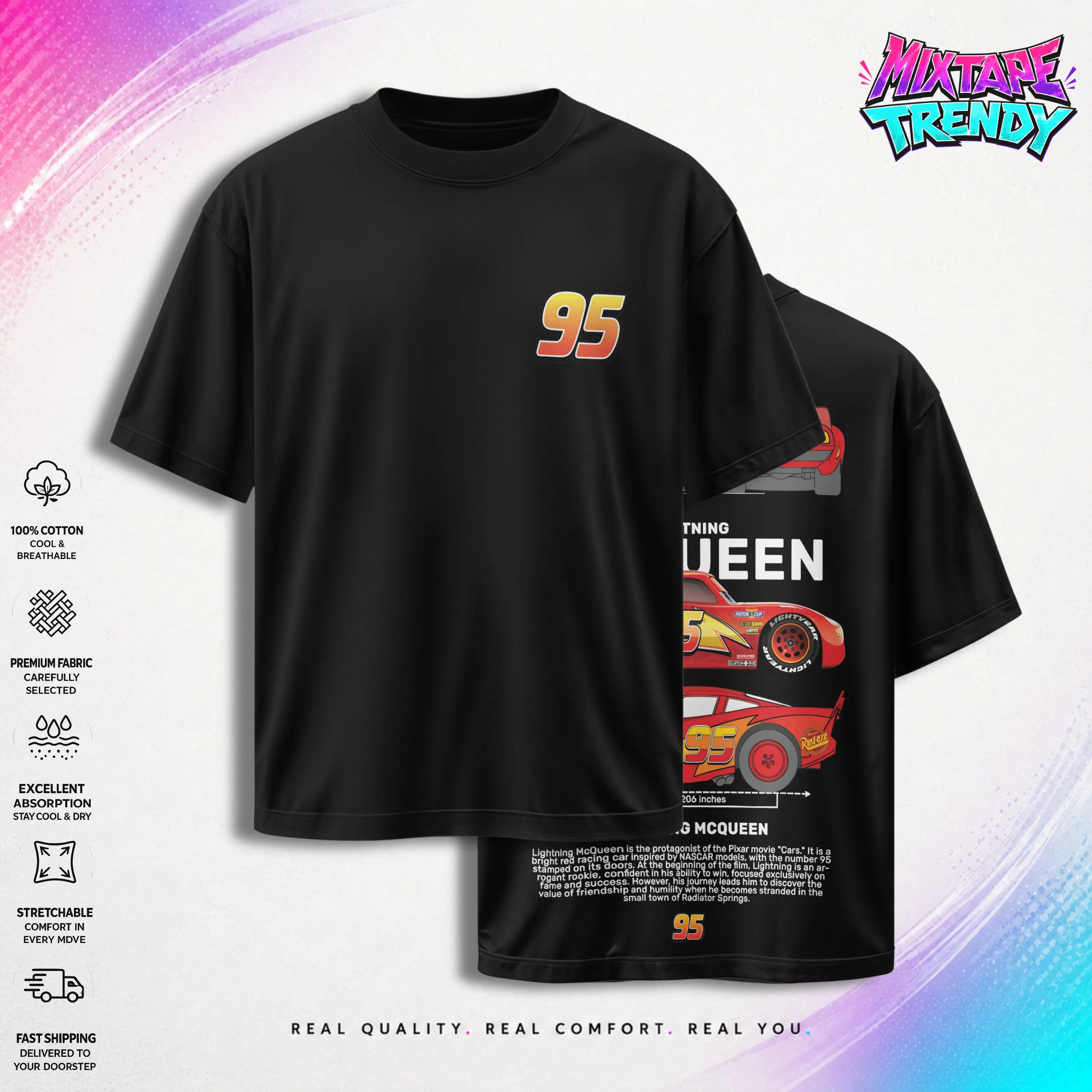 Retro Double-Sided Cars Movie Graphic T-Shirt - McQueen and Mater Vintage Top Trendy Y2K Classic Unisex Streetwear Racing Style Gift for Fans