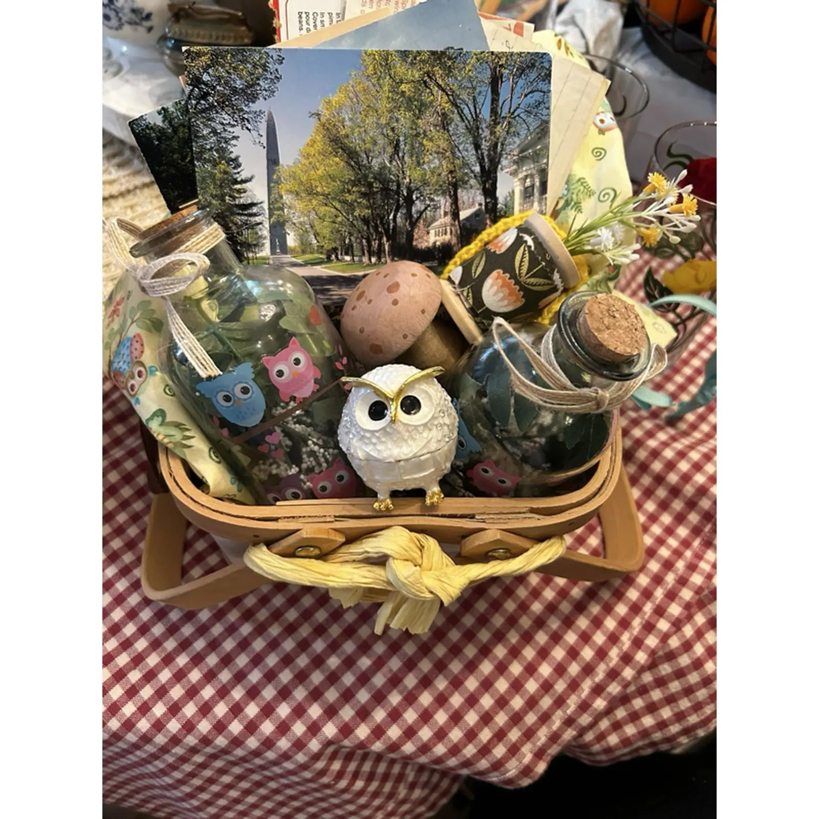 Vintage Vignette Owl and Bird Decorative Basket with Custom Design Option for Personalized Home Decor