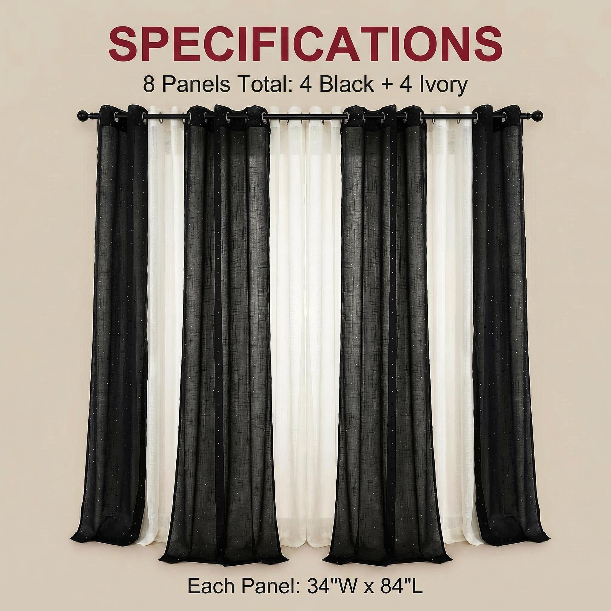 Curtain Club 8 Panels 34X84 Inch Diamond Beaded Twill + Full-Length Chiffon Curtain Set. Each style contains 4 pieces. All are plain chiffon fabric, translucent, with iron rings, woven, rod type, FT2930 + L12