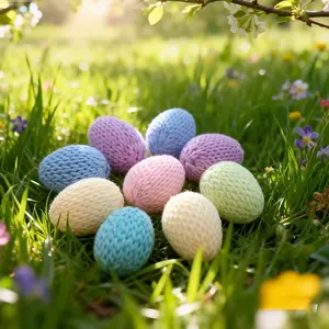 Hand-Knitted Easter Egg Decorations Set, 6-Piece Macaron Pastel Colors, Soft Yarn Woven Eggs, Perfect for Easter Baskets & Parties