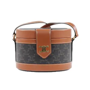 Pre-owned Celine leather Shoulder Bags Medium Tambour Triomphe Canvas and Tan Calfskin Shoulder Bag SD041