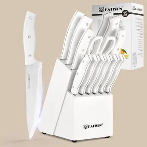 15 Pieces White Carbon Steel Kitchen Knife Block Set, Built-in Knife Sharpener, Ergonomic Triple Rivet Fixed Handle, Dishwasher Safe,TikTokShopBlackFriday