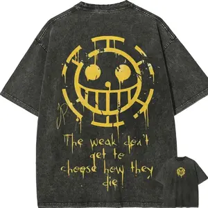 Trafalgar Law T Shirt One Piece Heart Pirates Vintage Acid Wash Streetwear Oversized Retro Anime Graphic Cotton Tees 7HW
