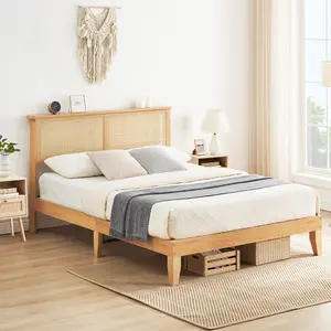 Home Bed Frame Full Size, Bohemian Platform Bed Frame with Rattan Storage Headboard, Adjustable Led Lights, Wooden Support Legs, No Box Spring Needed, Noise-Free, Easy Assembly