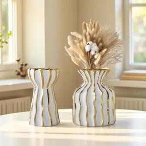 Light Luxury Striped Platinum Color Ceramic Vase, Small Fresh Style Flower Arrangement Vase for Living Room, Entrance, Balcony Decor, Home Decorative Vase