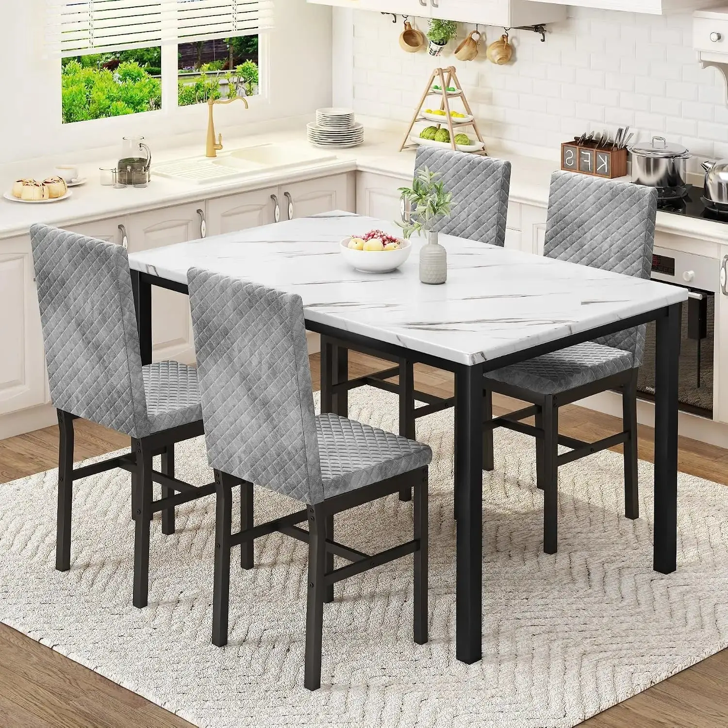 Faux Marble Dining Table Set with Velvet Chairs