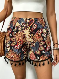 Plus Size Boho Bohemian Peacock Feather Print Elastic Fringe Womenswear Shorts, Lightweight Vacation Style, Versatile Comfortable Daily Wear, Casual Loose-Fit
