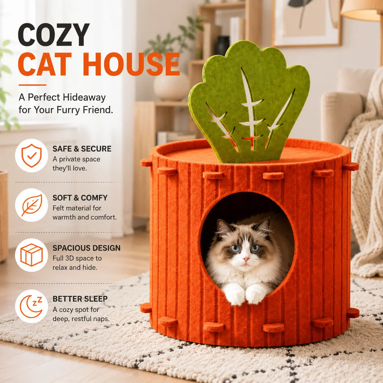 Felt Cat Cave Bed for Indoor Cats, Semi-Enclosed Cat House with Scratching Surface, Cozy Cat Hideaway & Cat Condo, Durable Felt Cat Furniture, Cat Bed for Sleeping, Playing, Resting, Easy Assembly