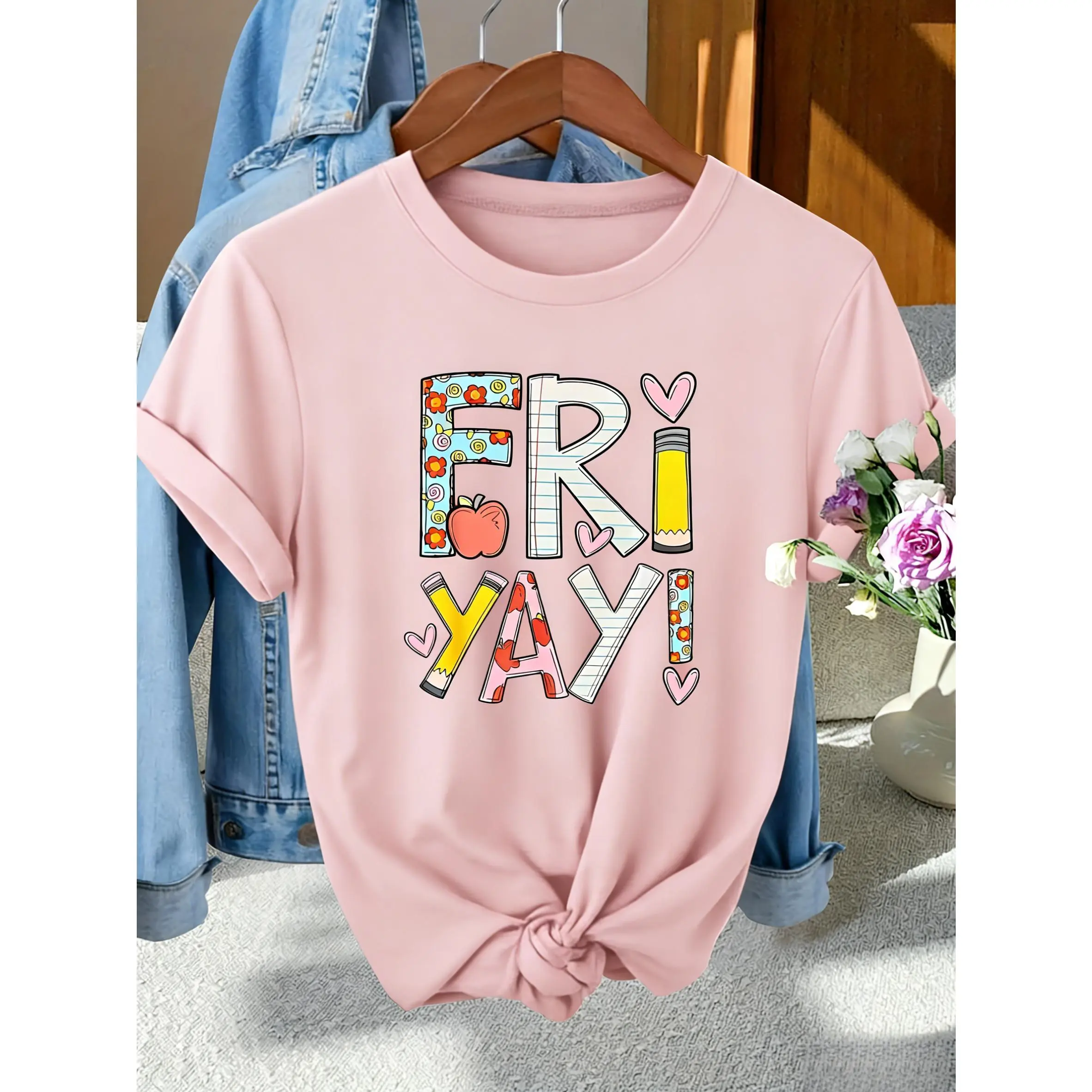 Women's Vintage FRI YAY Print Basic Tee, a Casual Short-Sleeve T-Shirt in 100% Soft Cotton, Medium Length Summer Top, Shortsleeve, Tshirt, Lady, Asymmetric Cut, Machine Wash, All Seasons, Christmas, New Year, Comfortable