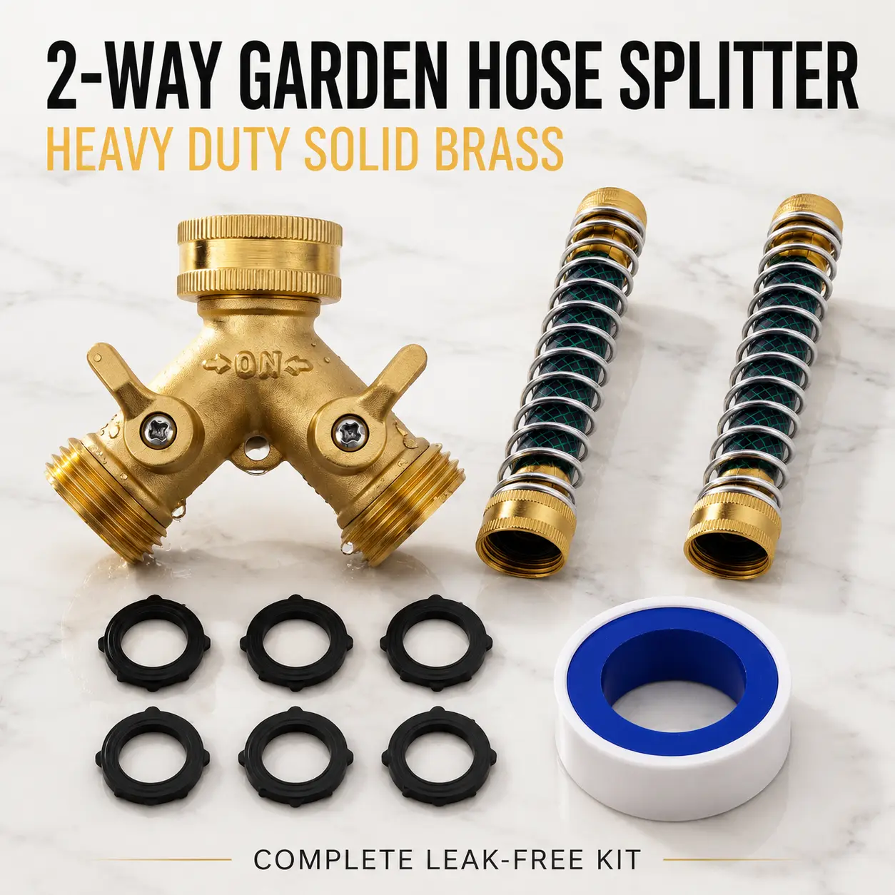 2 PCS Extension Garden Hose with 3/4" Brass 2 Way Hose Splitter Heavy Duty 2 Way Y Valve Garden Hose and 6 Rubber Washers