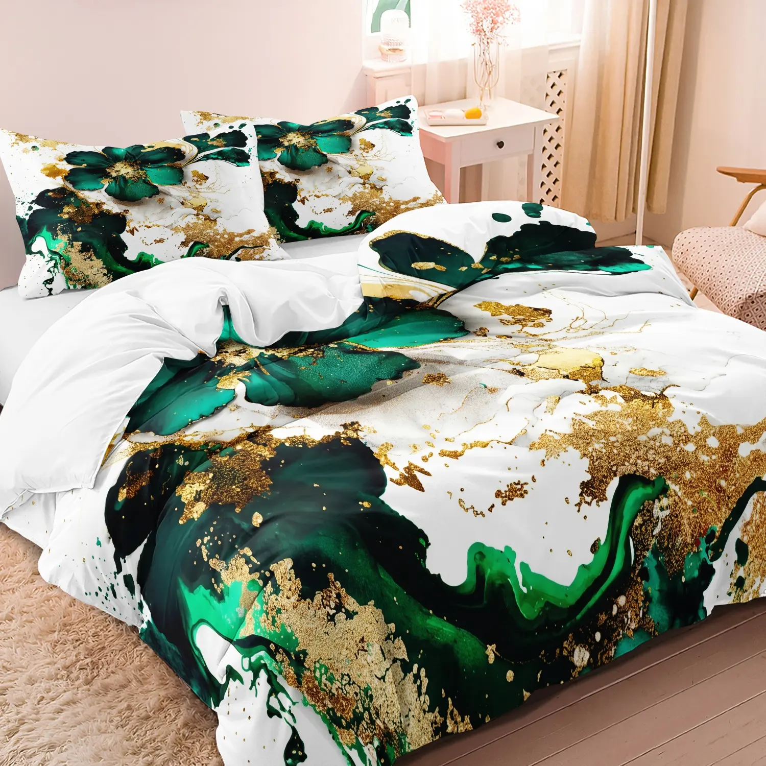 3pcs Bedding With Green And Golden Marble Design, Featuring Microfiber Duvet Cover For Master Bedrooms, Guest Rooms, Includes 1 Duvet Cover And 2 Pillowcases In Home Decor Collection, Decorative Bedding Set, Bed Sets Supplies