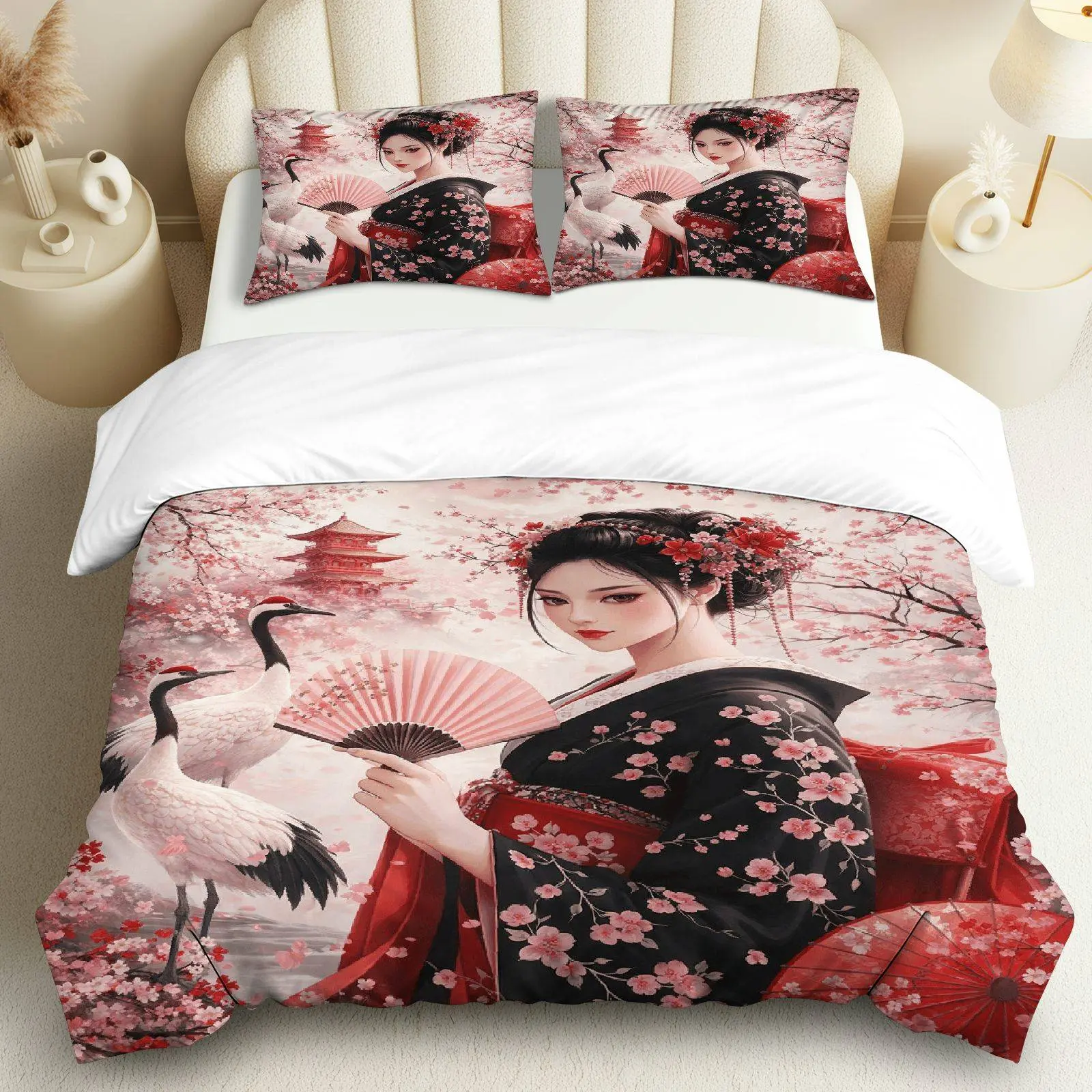 3PCS Duvet Cover Set, Bed Covers, 1 Duvet+2 Pillowcases(Without filler), Geisha Crane Cherry Blossom Pagoda Fan theme, Lunar New Year bedding set, Japanese Art Suitable for home and hotel decoration