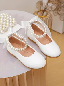 Girls' Princess Shoes with Pearl Bow, Soft Sole, Non-Slip, Velvet Butterfly Knot, Velcro Closure, Perfect for Birthday Parties, Dance Performances