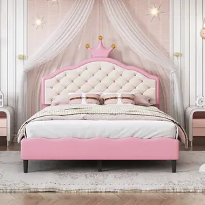 Twin\Full Size Lovely Crown Fantasy PU Leather Princess Bed with Tufted Headboard,No Box Spring,Easy Assenbly Needed gift for teen girl,Pink+Cream