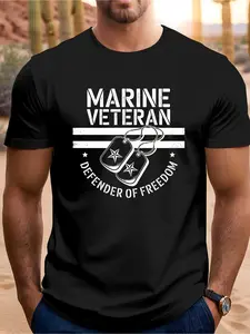 Men'S Military Veteran T-Shirt - Heavyweight 100% Tee with Marine Corps Inspired Dog Tag Design & MARINE VETERAN/Defender of Freedom Text - Breathable Regular Fit Shirt for Parades, Casual Attire - Machine Washable Military Apparel for Veterans & Su