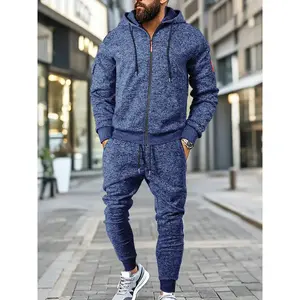 Two-piece men's solid color hooded drawstring zipper sweatshirt with cuffed drawstring sweatpants,daily casual long-sleevedie with pockets sports long pants,autumn and winter season wear,outdoor sports,Sweatsuit with pockets