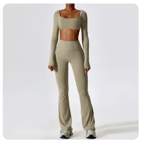 Yoga Set 2PCS Seamless Women Sportswear Workout Clothes Athletic Wear Gym Legging Fitness Bra Crop Top Long Sleeve Sports Suits