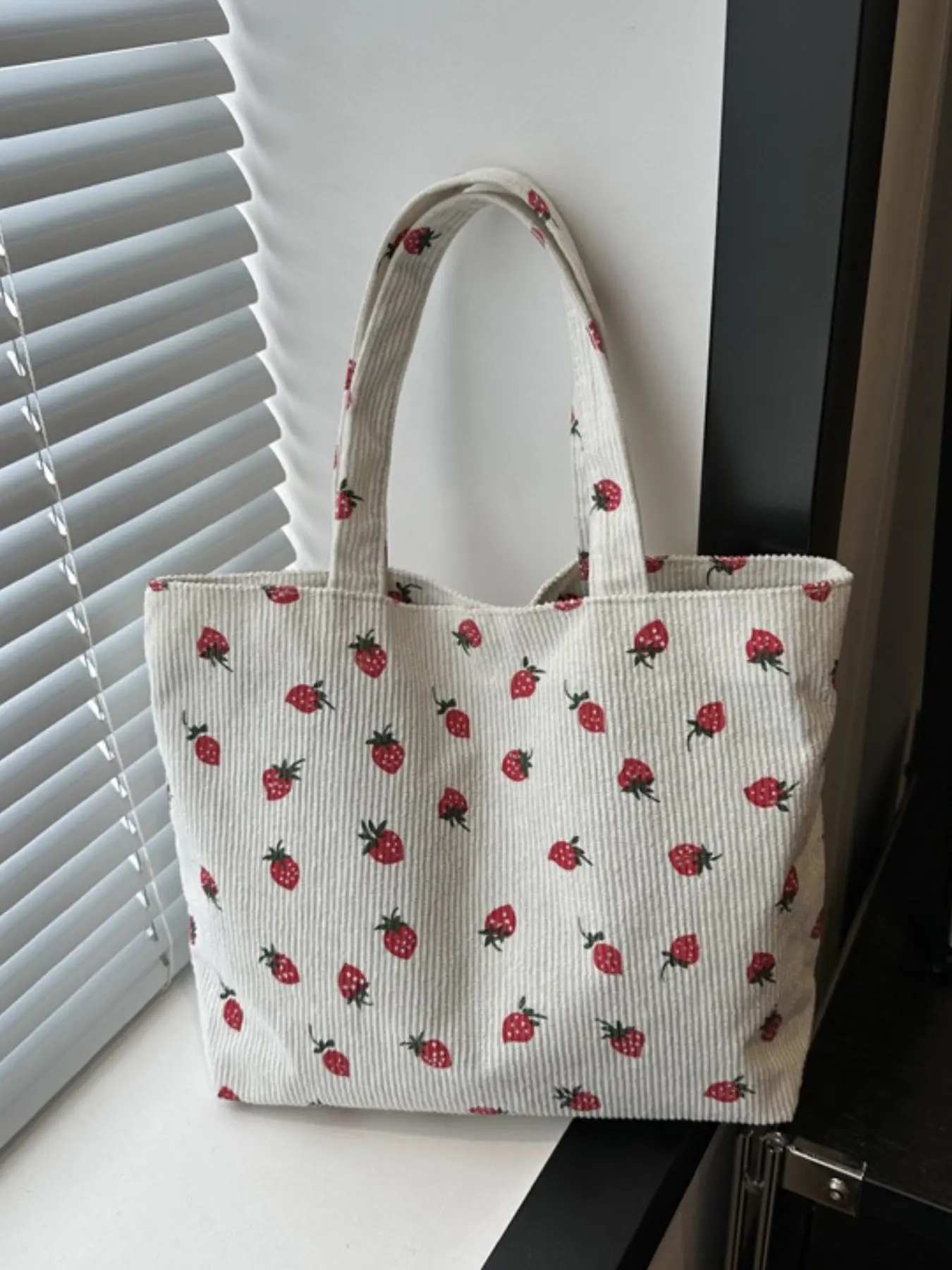 Cute Strawberry Print Handbag Corduroy Multifunctional Women's Crossbody Bag with Multiple Compartments Beach School Work Daily Use Teen Student Bookbag Travel Bag for Girls Strawberry Tote Bag Strawberry Themed Bag Casual Handbags