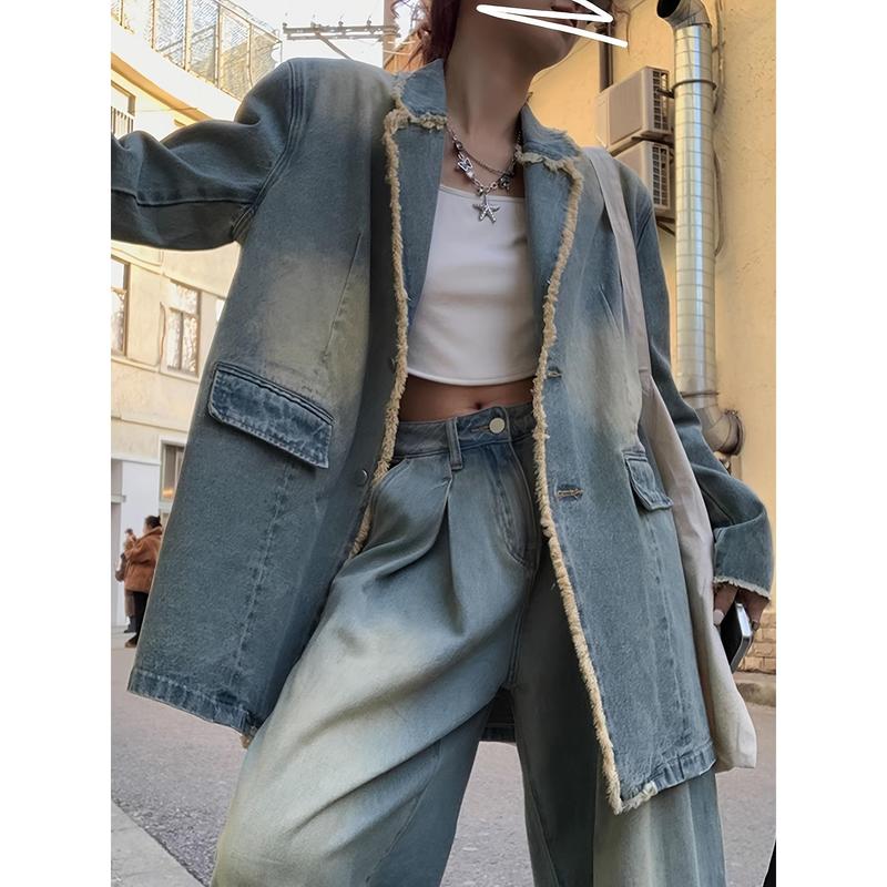 QYGOOD Vintage Western Denim Jacket for Women - Sturdy Structured Collar & Long Sleeves, Solid Color (Light Washable) - Solid Blue Unstructured Blouse Ideal for Layering in Autumn/Winter