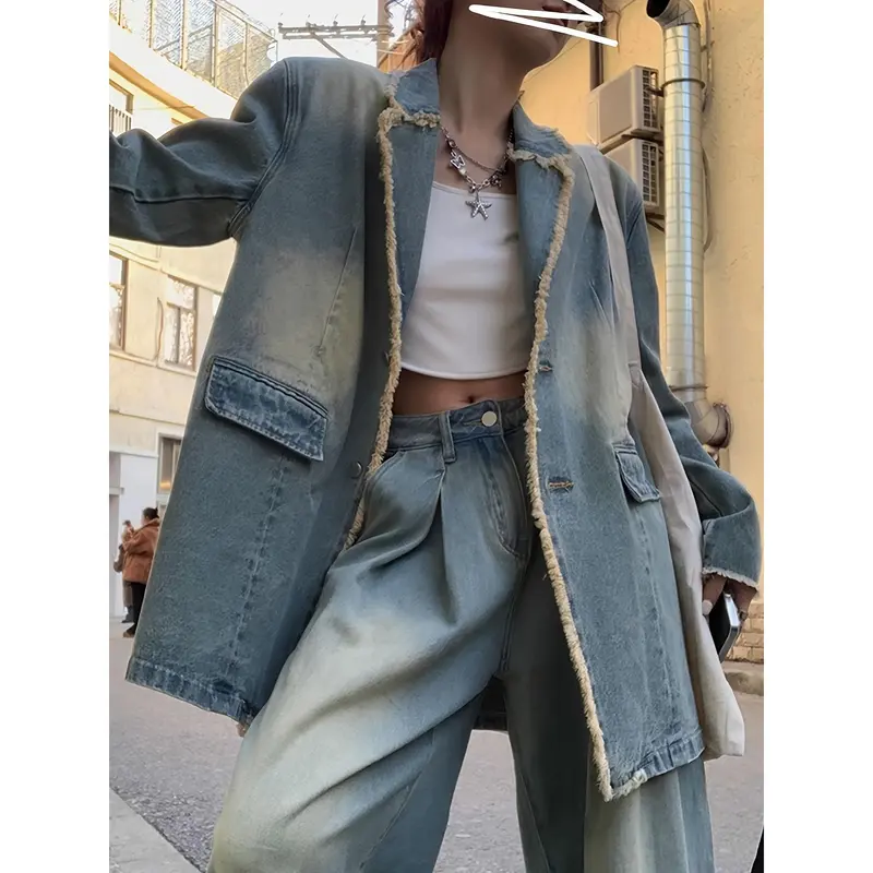 QYGOOD Vintage Western Denim Jacket for Women - Sturdy Structured Collar & Long Sleeves, Solid Color (Light Washable) - Solid Blue Unstructured Blouse Ideal for Layering in Autumn/Winter