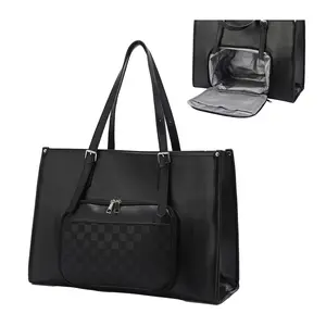 Work Tote Bag for Women with Lunch Compartment, 16.5" PU Leather Work Bag with Insulated Leakproof Lunch Box, Laptop Briefcase for Office, Travel, Casual, Black