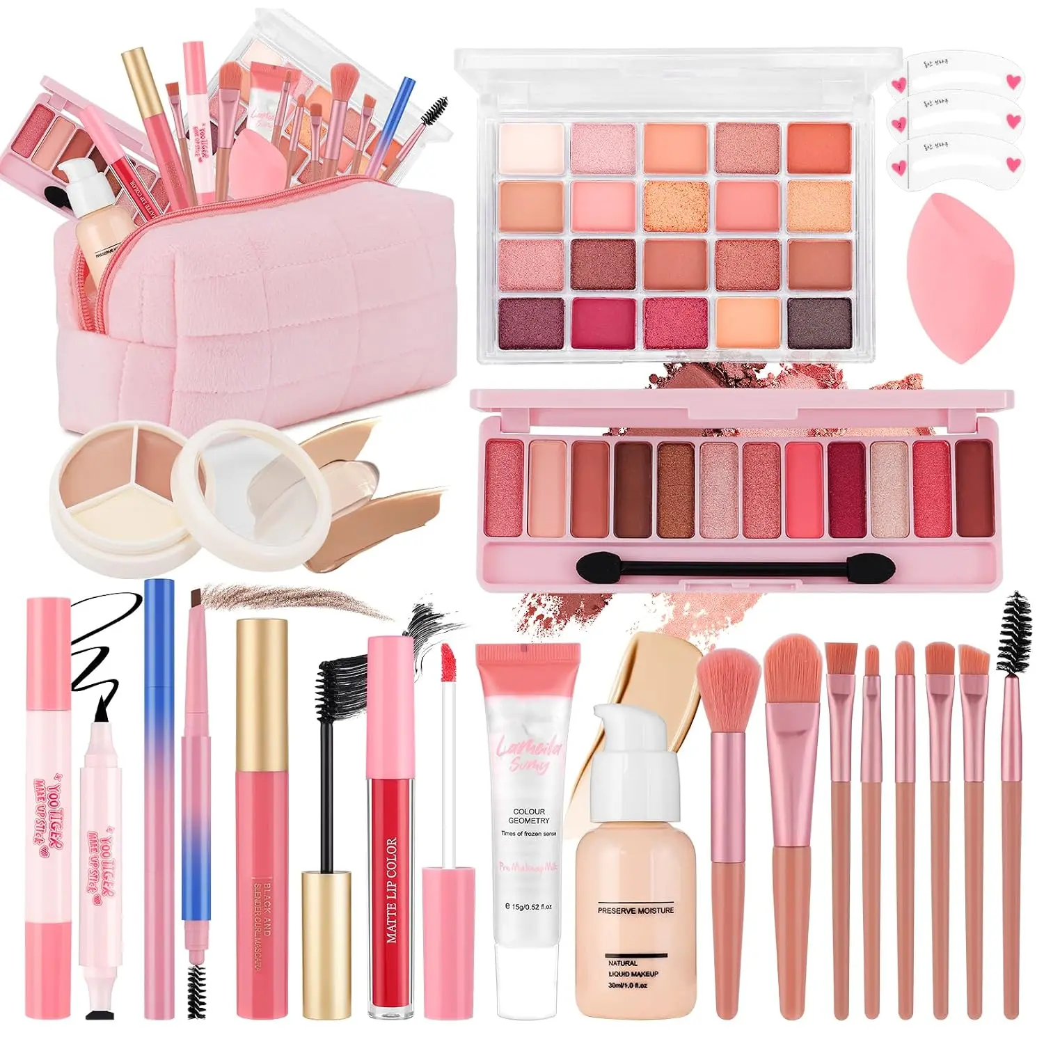 All-In-1 Makeup Kit for Teen Girls & Beginners - Foundation, Eyeshadow, Lipstick, Eyeliner, Mascara, Brushes, Bag - Travel-Friendly Gift Set for Birthdays, Graduation