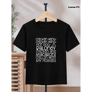 Kids' Red Alphabet Print T-Shirt, 100% Polyester Crew Neck, Short Sleeve, Summer Casual Knit Top with Slight Stretch, Loose Fit for Children