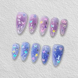 Pressmeon Handmade Press-on Nails | Butterfly Nebula | Medium Almond Shape Collection | 3D Luxury Salon Quality | Reusable & Extra Durable | Eco Package