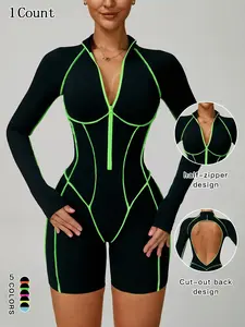 Women’s neon striped print sports romper with back zipper, casual comfortable breathable sleeveless bodysuit for yoga, gym workouts, and running; ladies sportswear for all seasons