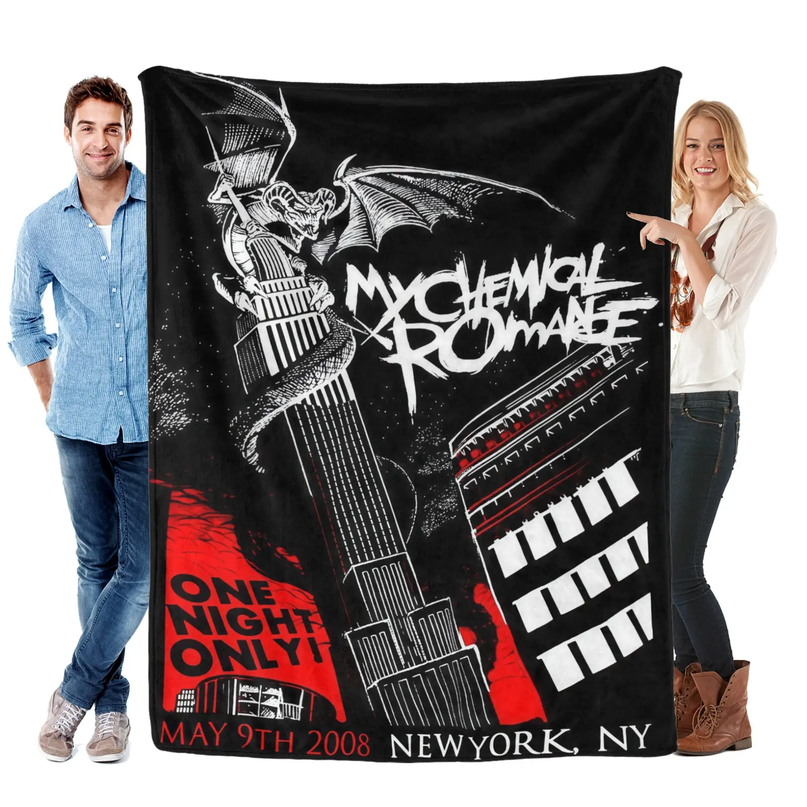 Dark City Gothic Throw Blanket, Black Red Urban Graphic Design Blanket, Vintage Street Style Cozy Blanket, Edgy Home Decor for Bedroom Living Room Couch Gaming Room