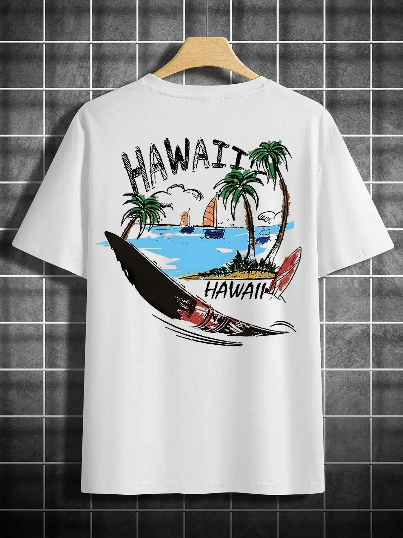 Hawaii Surf Beach Graphic T-Shirt, Vintage Tropical Print Tee, Oversized  Shirt, Casual Short Sleeve Top, Trendy Beach Aesthetic Cotton Tee for Surfing and Vacation Fans
