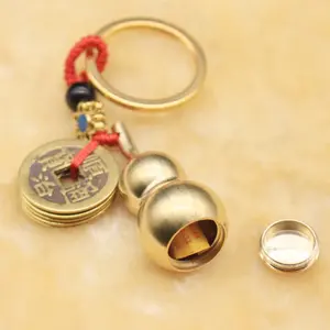 Feng Shui Coin with Brass Gourd Keychain, Symbolizing Longevity, Safe Travel, Wealth, Success, Good Luck, Includes Blessing Paper, Set of 2