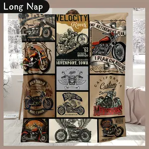 Vintage Motorcycle Flannel Blanket, Soft Warm Sofa Nap Throw, Multi-Functional All-Seasons Use, Cozy Home Decor Accessory