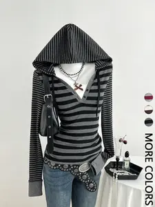 American Street Style Striped Hooded Top for Daily, Trendy Casual Slim Fit Wear
