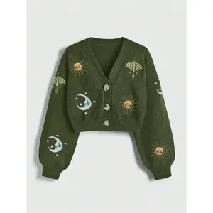 Women's Casual Elegant Knit Cardigan Sweater, Comfortable Warm Button Front Embroidered Sun Moon Insect Design, Perfect for Outerwear Commuting Knitwear
