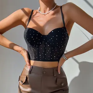 Sexy Nightclub Style Sequin Fishbone Underwire Gathered See-through Crop Top with Detachable Chest Pads