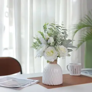 Artificial Flowers with Ceramic Vase,Faux Silk Roses and Fake Plant Eucalyptus in Vase for Centerpiece Table Decorations, Living Room,Dining Table,Fireplace,Office,Farmhouse,Home Decor(White), Artificial Plants
