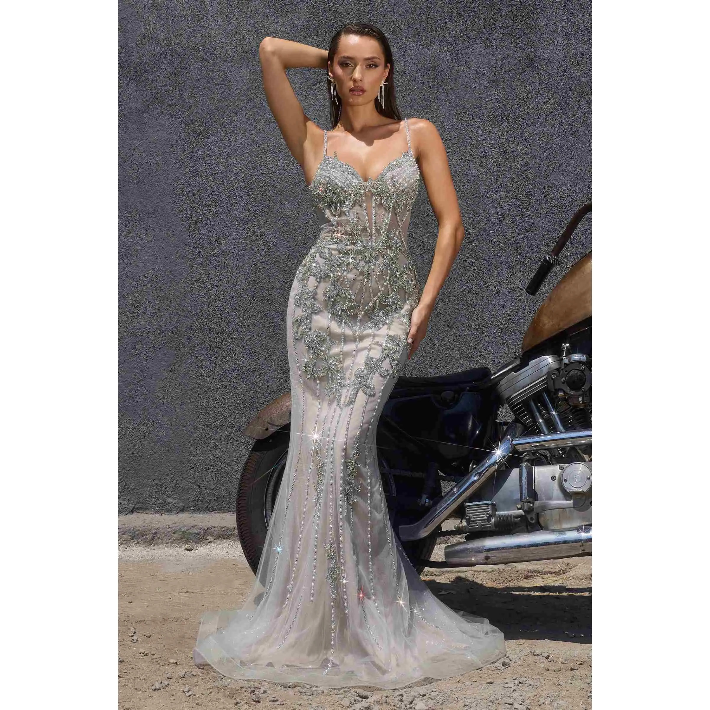 Ladivine CR383 Crystal Beaded Formal Gown, Sexy Sleeveless Prom Dress for Women with Spaghetti Straps and Lace-Up Back, Fabric, Open Back