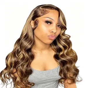 Yeswigs Body Wave Highlight Wigs Human Hair P4/27 4X4 13X4 13X6 Full HD Lace Frontal Wigs Glueless 100% Human Hair Wigs Human Hair Lace Front Wigs For Black Women 180% Density Colored Ombre Brown Honey Blonde Lace Front Wigs Pre Plucked with Baby Hair