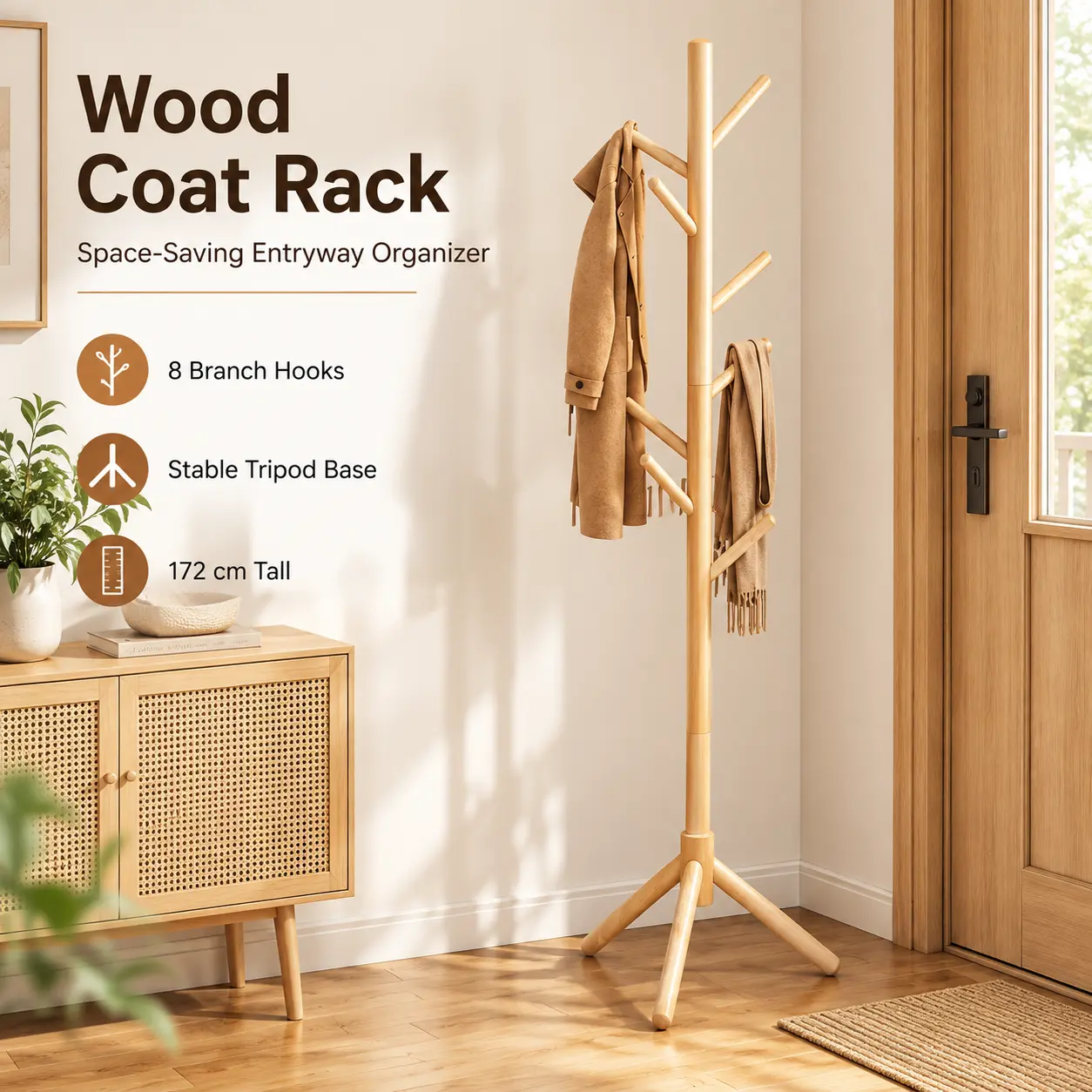 8-Hook Wooden Coat Rack, Freestanding Tree-Style Coat Stand with Tripod Base for Entryway, Bedroom and Office, 67.7 in Tall