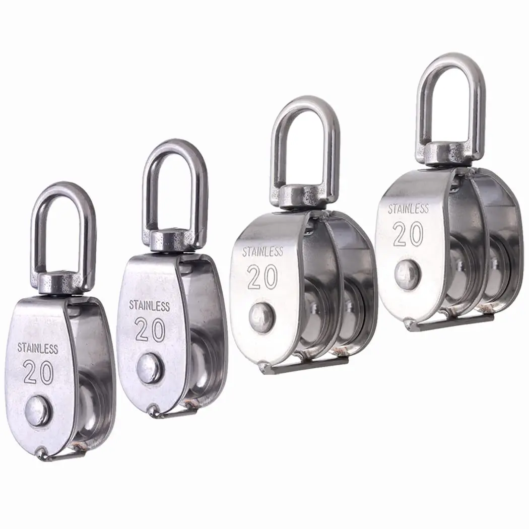 4PCS M20 Pulley Block, 2pcs Single Pulley & 2pcs Double Pulley 304 Stainless Steel Wire Rope Lifting Swivel Hook